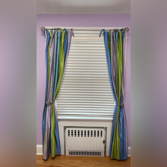 PB Teen Dupioni Silk Curtains Blues Greens Two Panels 58x84 - Picture 1 of 9